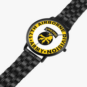 17th Airborne Division Watch is displayed in a perspective view on a white background with the black metal strap stretched out.
