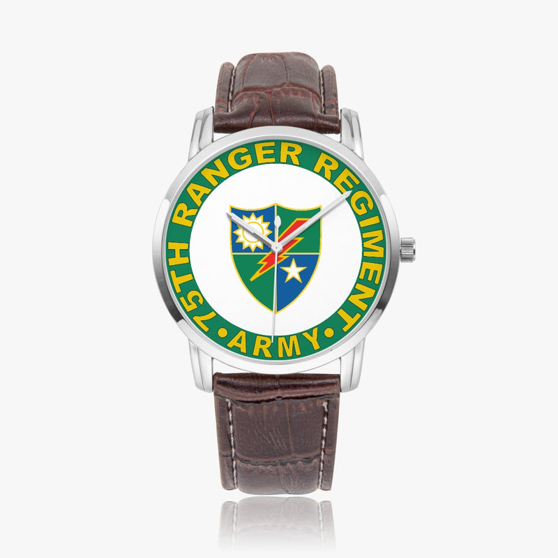 75th Ranger Regiment-Wide Type Silver Watch with a Brown Leather Band