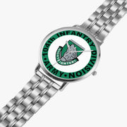 104th Infantry Division Silvertone Watch is displayed in a perspective view on a white background with the silver metal strap stretched out.