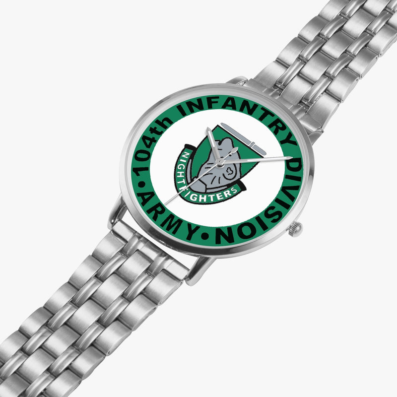 104th Infantry Division Silvertone Watch is displayed in a perspective view on a white background with the silver metal strap stretched out.