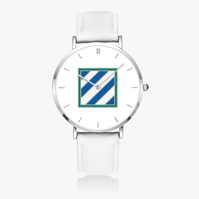 3rd Infantry Division-Ultra Thin Leather Strap Quartz Watch (Silver With Indicators)