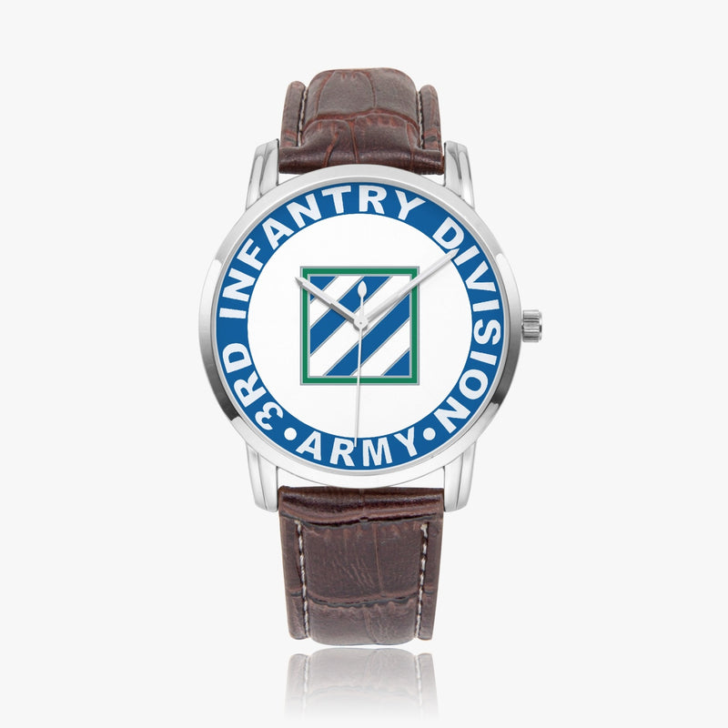 3rd Infantry Division-Wide Type Silver Watch with a Brown Leather Band