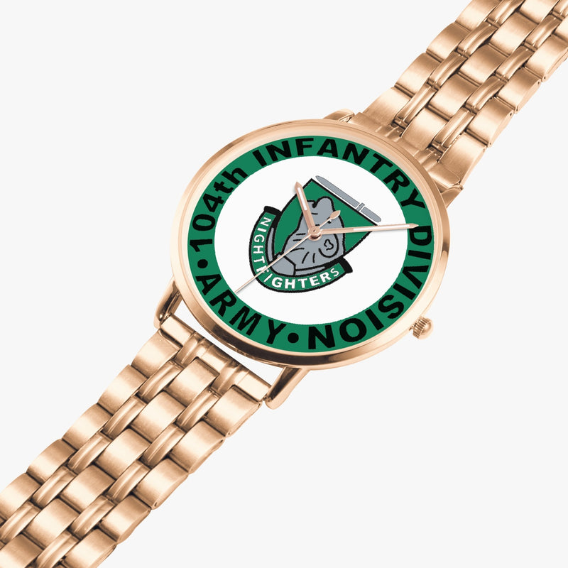 104th Infantry Division Goldtone Watch is displayed in a perspective view on a white background with the gold metal strap stretched out.