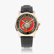 United States Marine Corps-Wide Type Gold Watch with a Black Leather Band