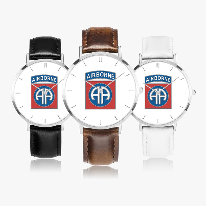 82nd Airborne Division-Ultra Thin Leather Strap Quartz Watch (Silver With Indicators)