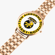 17th Airborne Division Goldtone Watch is displayed in a perspective view on a white background with the gold metal strap stretched out.