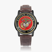 United States Marine Corps-Wide Type Black Watch with a Brown Leather Band