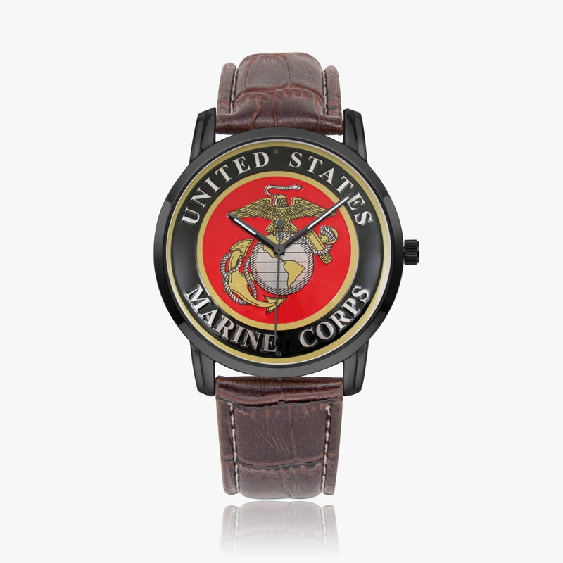 United States Marine Corps-Wide Type Black Watch with a Brown Leather Band