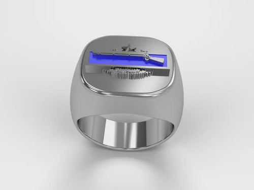 A video illustrating a sleek silver men's military style signet ring with a raised Combat Infantry - 2nd Award Badge logo rotating on a 360 degree turn table.