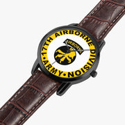 17th Airborne Division-Wide Type Black Watch is displayed in a perspective view on a white background with the brown leather band.