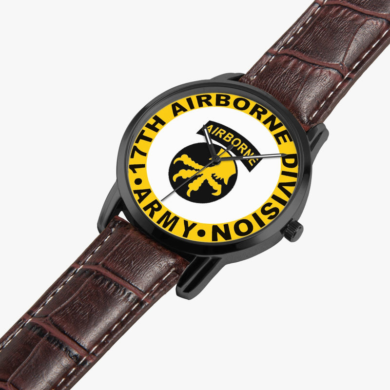 17th Airborne Division-Wide Type Black Watch is displayed in a perspective view on a white background with the brown leather band.