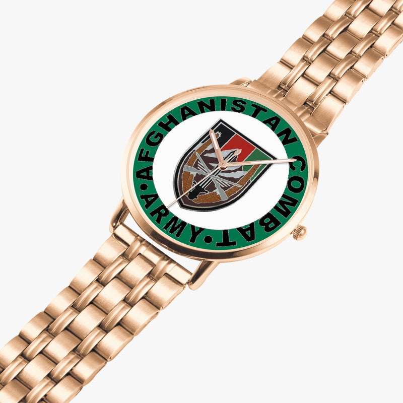 US Forces Afghanistan Goldtone Watch is displayed in a perspective view on a white background with the gold metal strap stretched out.