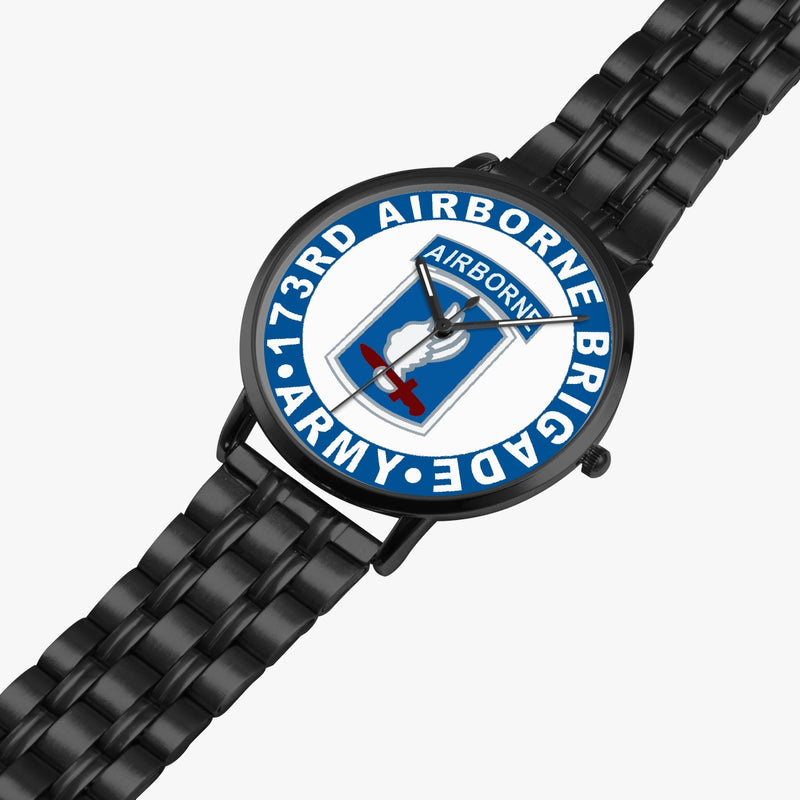 173rd Airborne Brigade Watch is displayed in a perspective view on a white background with the black metal strap stretched out.