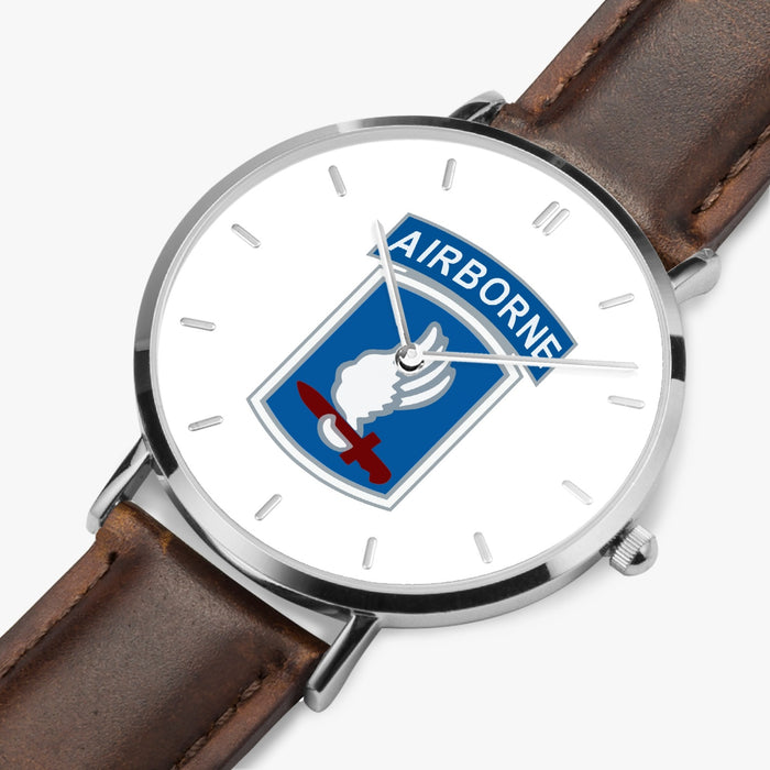 173rd Airborne Brigade-Ultra Thin Leather Strap Quartz Watch (Silver With Indicators)