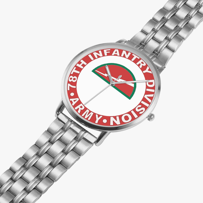 78th Infantry Division Silvertone Watch is displayed in a perspective view on a white background with the silver metal strap stretched out.