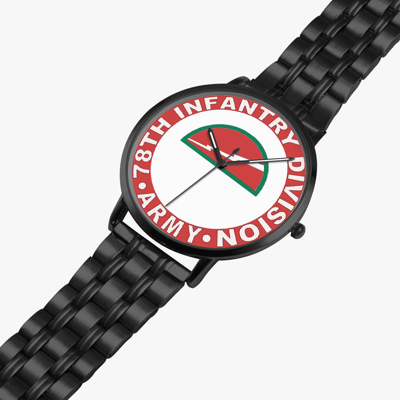 78th Infantry Division Watch is displayed in a perspective view on a white background with the black metal strap stretched out.