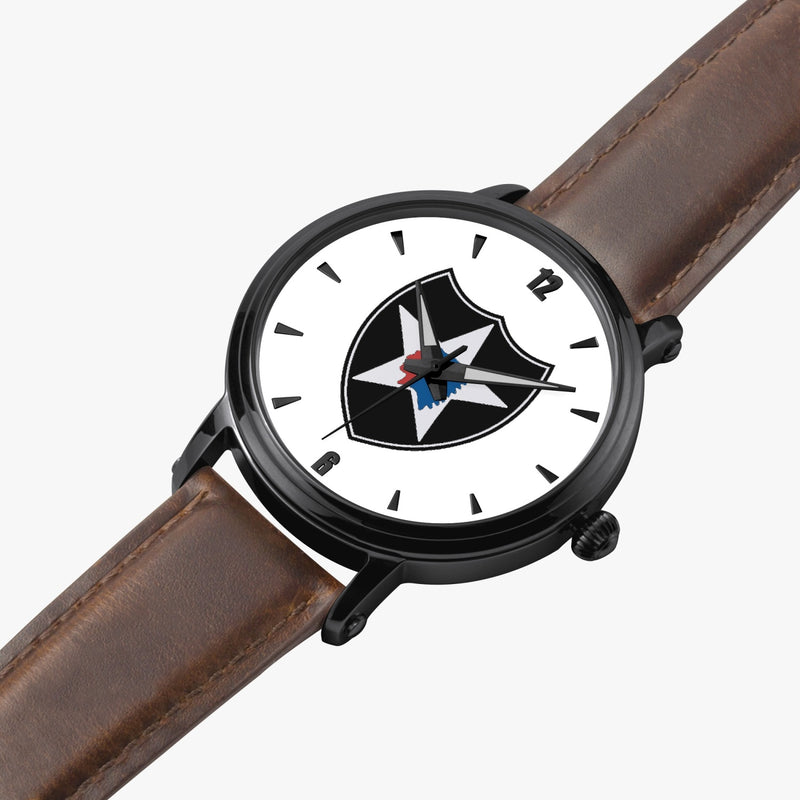 2nd Infantry Division-46mm Automatic Watch is displayed in a perspective view on a white background with a brown leather band