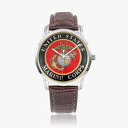 United States Marine Corps-Wide Type Silver Watch with a Brown Leather Band
