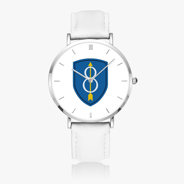 8th Infantry Division-Ultra Thin Leather Strap Quartz Watch (Silver With Indicators)