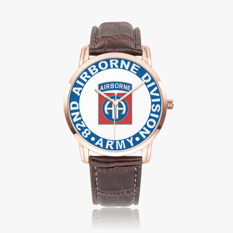 82nd Airborne Division-Wide Type Golden Watch with a Brown Leather Band