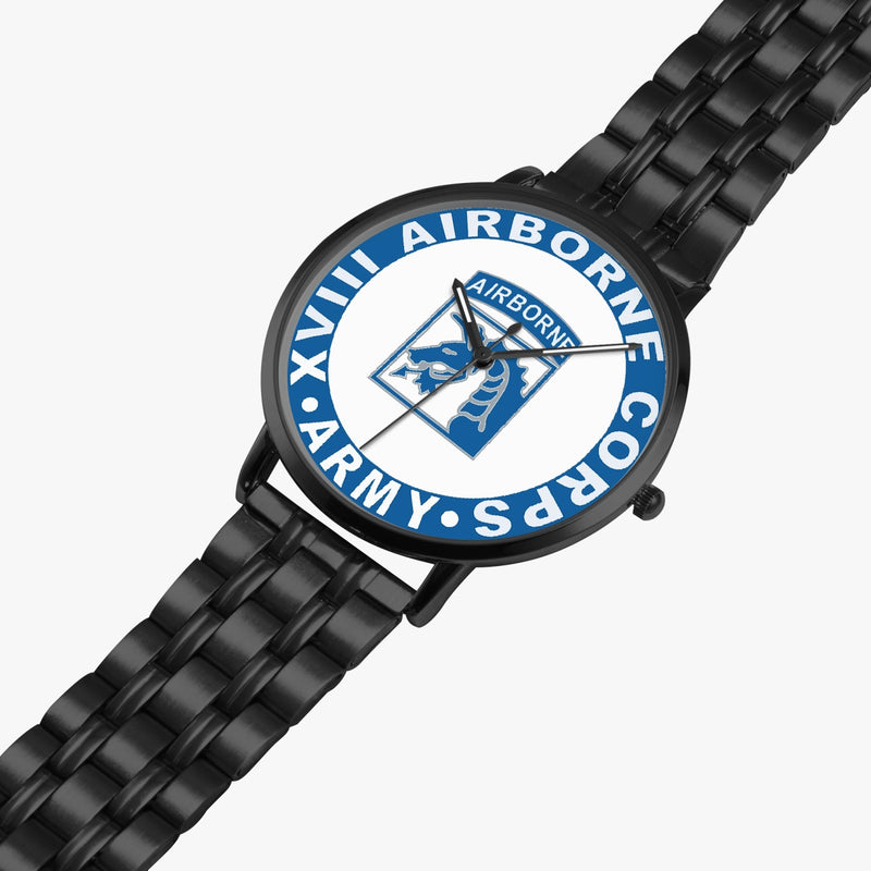 XVIII Airborne Corps Watch is displayed in a perspective view on a white background with the black metal strap stretched out.