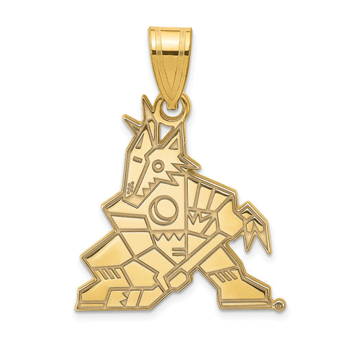 The Sterling Silver Gold-plated NHL LogoArt Arizona Coyotes Large Pendant features an abstract, geometric figure of a hockey player with a wolf-like head. The crouching player, holding a hockey stick, displays intricate shapes and lines that capture the unique spirit of the NHL's Arizona Coyotes.