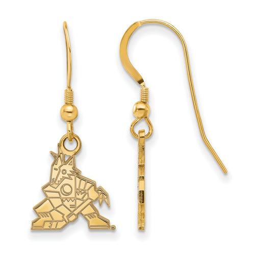 A pair of Sterling Silver Gold-plated NHL LogoArt Arizona Coyotes Small Dangle Wire Earrings featuring a geometric dragon design. The dragon is comprised of angular shapes and patterns, giving it a contemporary and artistic look. One earring is shown from the front, while the other displays its thickness from the side.