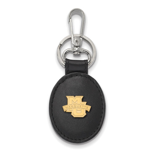 SS w/GP Marquette University Blk Leather Oval Key Chain