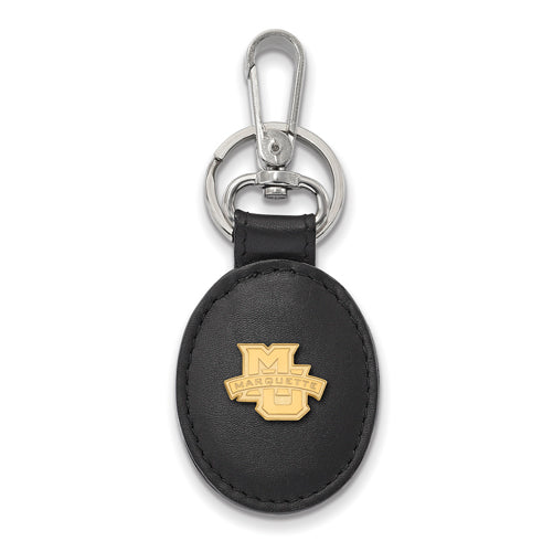 SS w/GP Marquette University Blk Leather Oval Key Chain