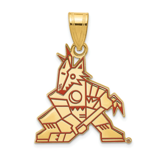 The Sterling Silver Gold-plated NHL LogoArt Arizona Coyotes Large Enameled Pendant features a stylized, geometric design of a wolf-like figure holding a hockey stick. With gold plating over sterling silver, angular lines, and red accents, this piece boasts a contemporary and striking appearance. Perfect for Arizona Coyotes fans seeking unique jewelry.