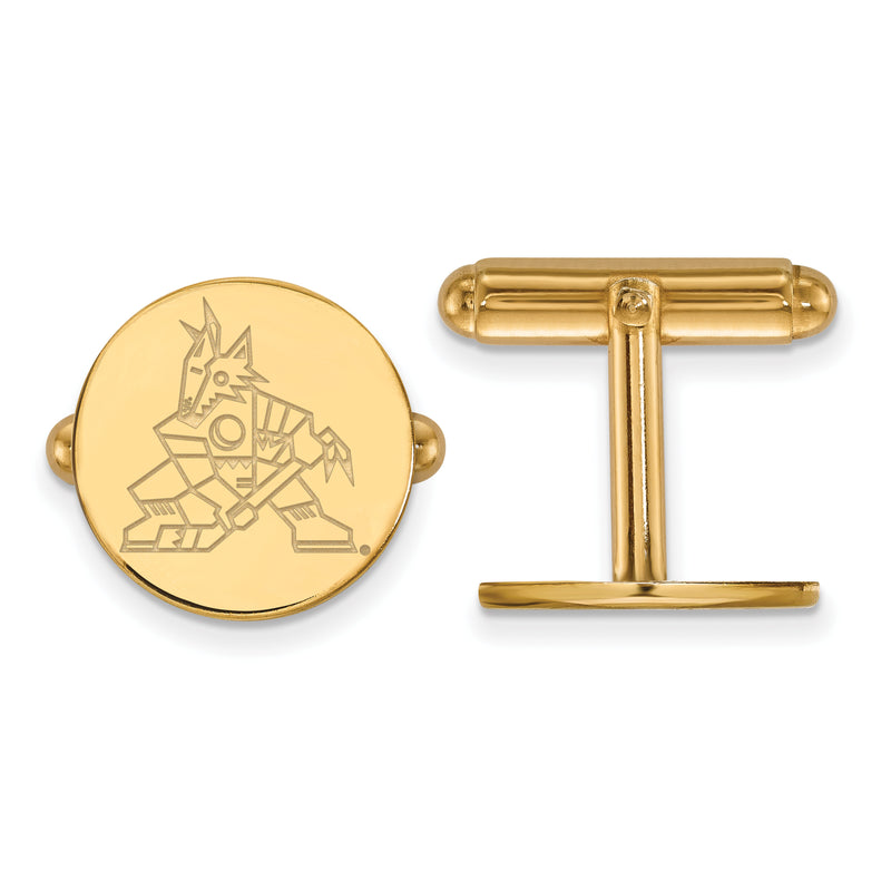 A pair of Sterling Silver Gold-plated NHL LogoArt Arizona Coyotes Cuff Links, each featuring an engraved design of the Arizona Coyotes logo. One cuff link showcases the logo prominently, while the other displays the T-shaped fastening mechanism.
