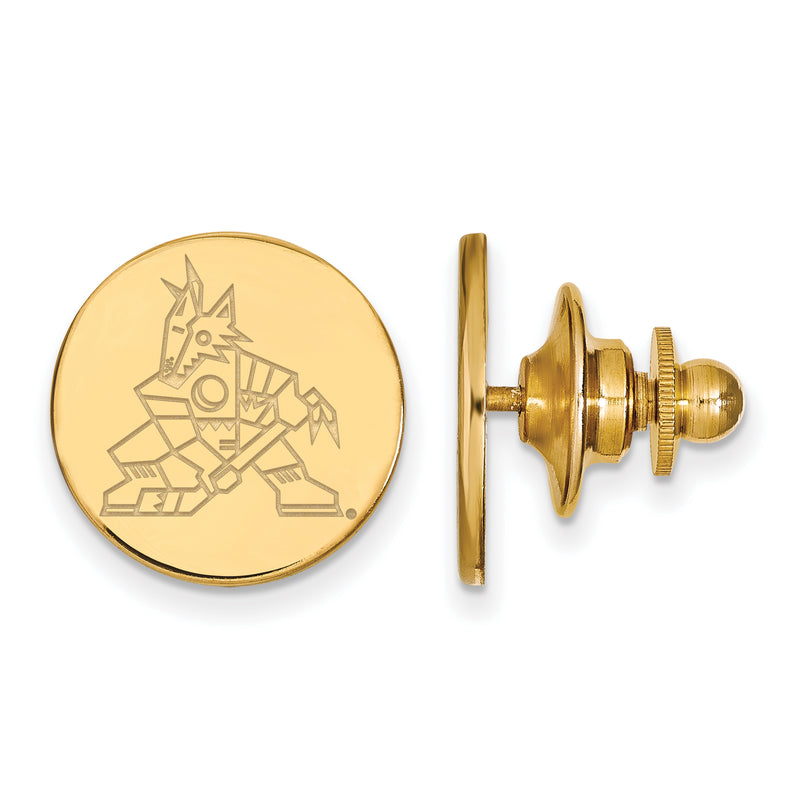 A pair of Sterling Silver Gold-plated NHL LogoArt Arizona Coyotes Lapel Pins featuring a stylized engraving of a robotic horse playing hockey. One pin is shown from the front, showcasing the intricate design, while the other is displayed from the side, highlighting the detailed pin back mechanism. Perfect for fans seeking unique LogoArt pieces or Arizona Coyotes enthusiasts.