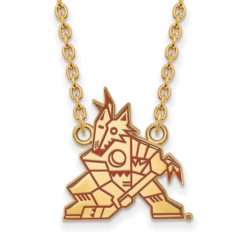 The Sterling Silver Gold-plated NHL LogoArt Arizona Coyotes Large Enameled Pendant 18 inch Necklace showcases a pendant shaped like an abstract, geometric wolf. Reminiscent of the NHL Arizona Coyotes logo, the stylized wolf features an angular, robotic design in a seated pose. This unique piece hangs from a refined gold chain.
