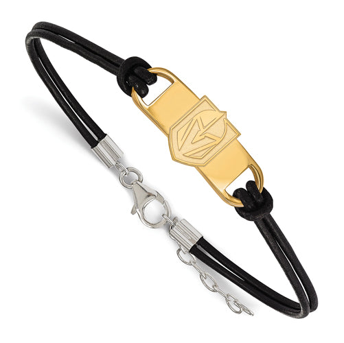 GP Sterling Silver LogoArt Vegas Golden Knights Black Leather Bracelet