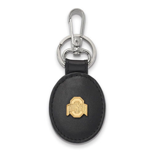SS w/GP Ohio St Blk Leather Oval Buckeyes Logo Key Chain