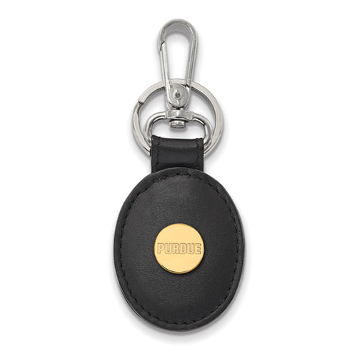 SS w/GP Purdue Black Leather Oval Key Chain