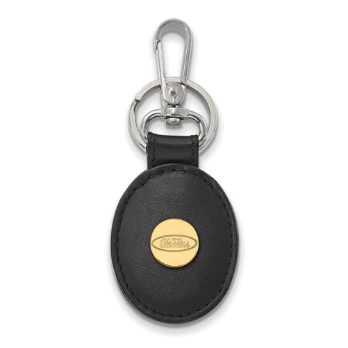 SS w/GP University  of Mississippi Black Leather Oval Key Chain