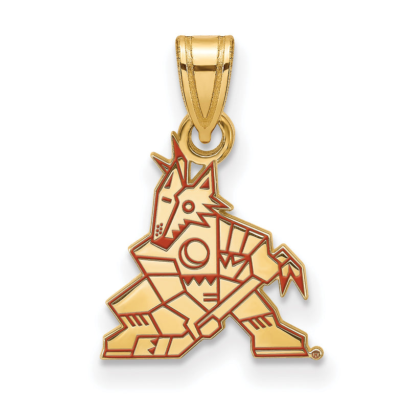 The Sterling Silver Gold-plated NHL LogoArt Arizona Coyotes Small Enameled Pendant features a stylized wolf with geometric shapes, holding a hockey stick. The design is outlined with red lines, giving it a bold and artistic appearance. This pendant is attached to a matching gold bail for wearing with a chain.