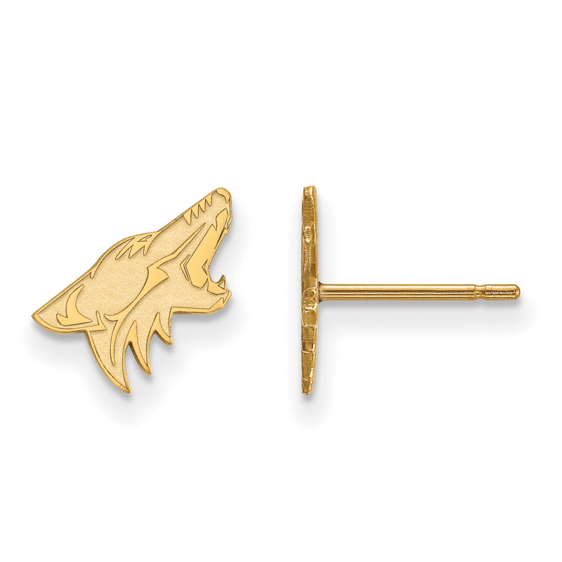 A pair of Sterling Silver Gold-plated NHL LogoArt Arizona Coyotes Extra Small Post Earrings features a meticulously designed howling wolf head shape. One earring is shown from the front, highlighting its fine details, while the other is displayed from the side, revealing the pin and back part—an essential accessory for any Arizona Coyotes fan.