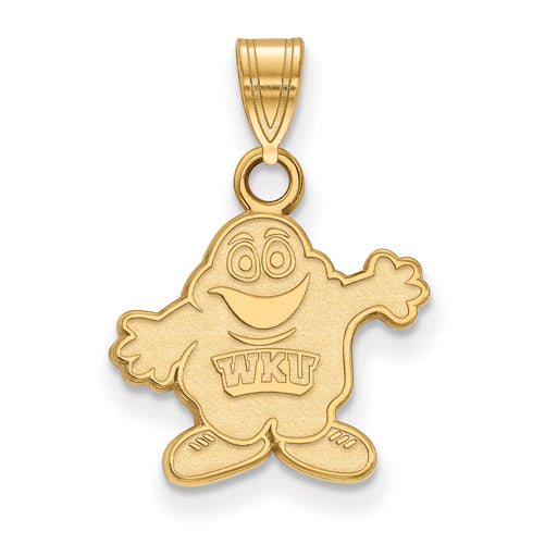 The 10ky Western Kentucky University Small Big Red Pendant is crafted in 10 Kt gold, featuring a smiling, cartoonish figure reminiscent of the Western Kentucky University mascot. "WKU" is engraved on its body, and it includes a loop at the top for easy attachment to a chain.