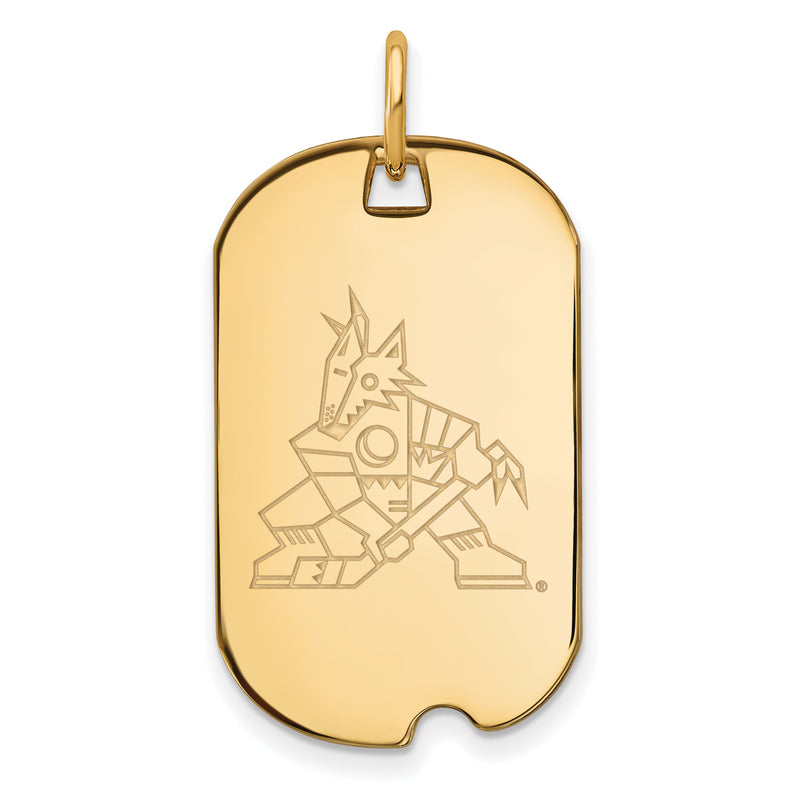A Sterling Silver Gold-plated NHL LogoArt Arizona Coyotes Small Dog Tag Pendant featuring a detailed engraving of a stylized coyote holding a hockey stick. The coyote is depicted in a geometric design with sharp lines and angles, and the tag is attached to a small gold ring at the top for hanging or wearing.