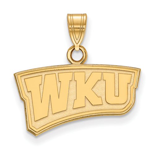 The 10ky Western Kentucky University Small WKU Pendant, crafted in 10 Kt gold, displays the bold "WKU" letters in a stylized logo. Its polished finish and handy top loop make it ideal for attaching to a chain, elegantly honoring Western Kentucky University.