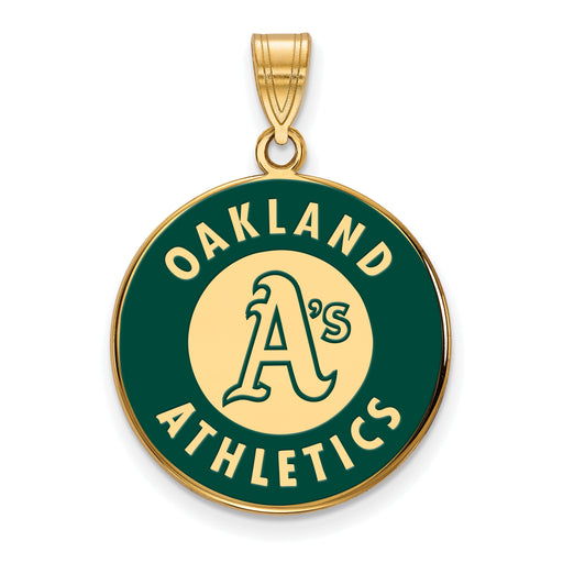 Sterling Silver Gold-plated MLB LogoArt Oakland Athletics Circle Large Enameled Pendant