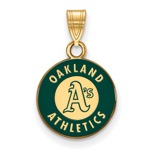 Sterling Silver Gold-plated MLB LogoArt Oakland Athletics Circle Small Enameled Pendant