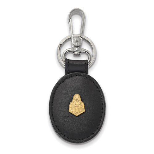 SS w/GP Purdue Black Leather Oval Train Logo Key Chain