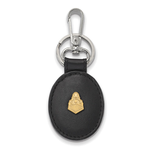 SS w/GP Purdue Black Leather Oval Key Chain