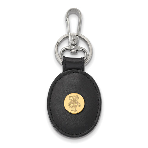 SS w/GP University of Wisconsin Black Leather Oval Bucky Key Chain