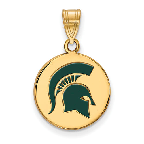 SS w/GP Michigan State U Medium Enamel Disc Spartan Pendant