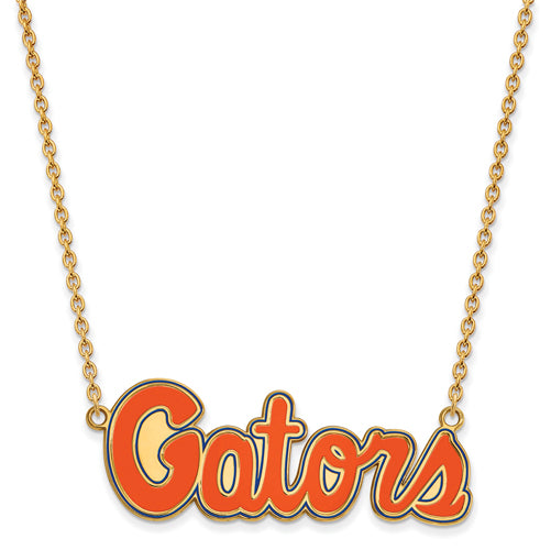 SS w/GP Univ of Fl Gators Script Large Enameled Pendant 18 in Necklace