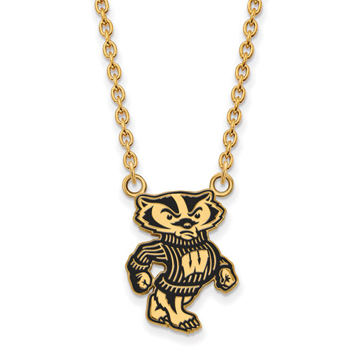 SS w/GP University of Wisconsin Large Enamel Bucky Pendant w/Necklace